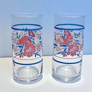 Libbey Crisa 12 Oz Tumbler Glasses Hibiscus Peach Blue Floral Set of 2